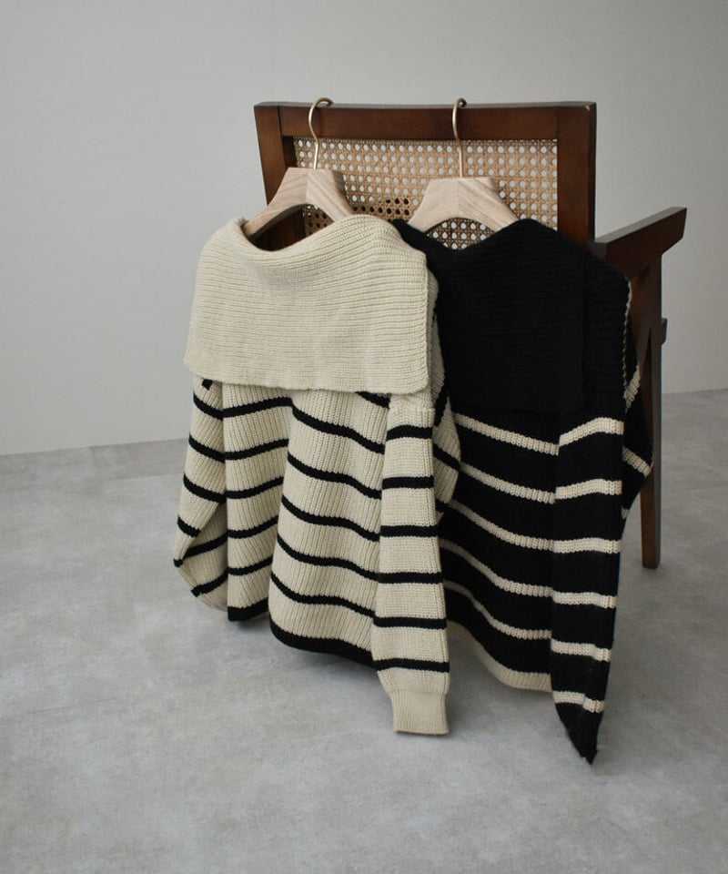 knit-02173 ボーダー セーラーニット エクリュ ブラック | L knit-02173 ボーダー セーラーニット エクリュ ブラック | L