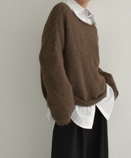 knit-02285　 モヘアライク ルーズ ニット　エクリュ　ブラウン