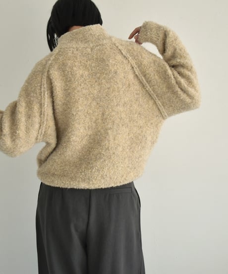 knit-02314　ブークレ ハーフジップ ニット　オフホワイト　ベージュ　ブラウン