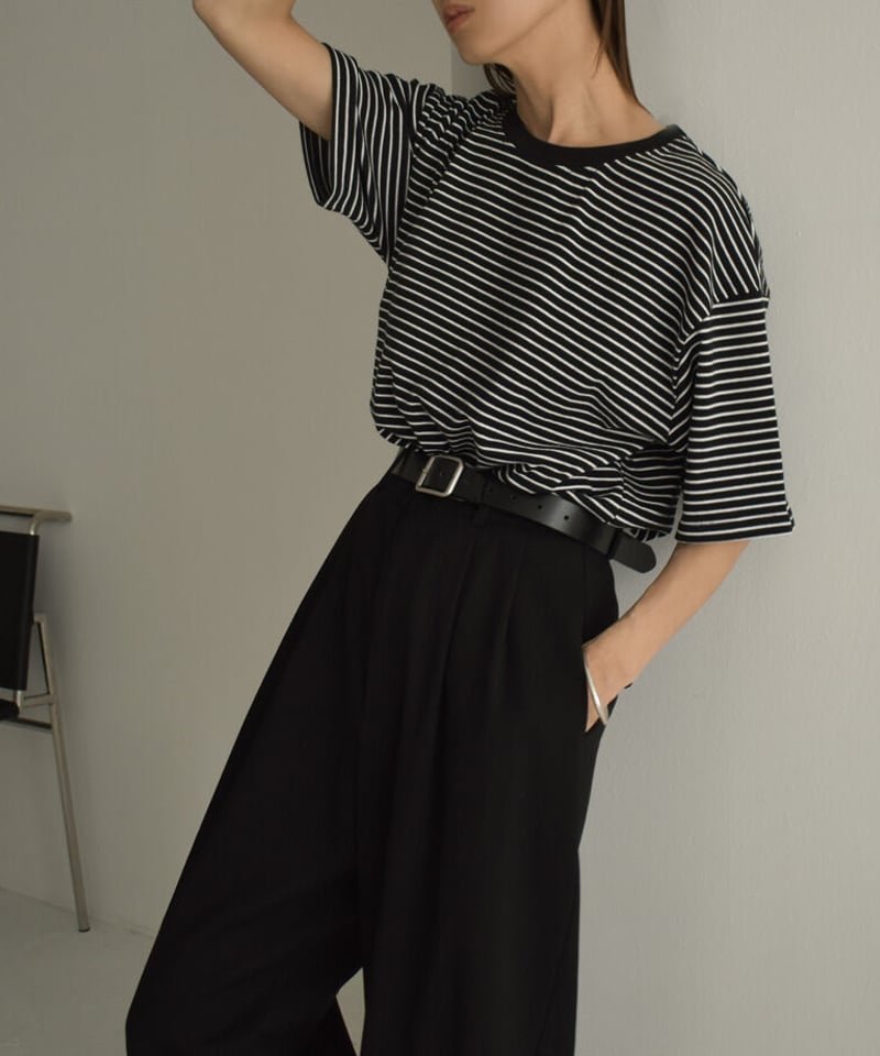 tops-02405 オーバーサイズボーダーTシャツ ホワイト ブラック