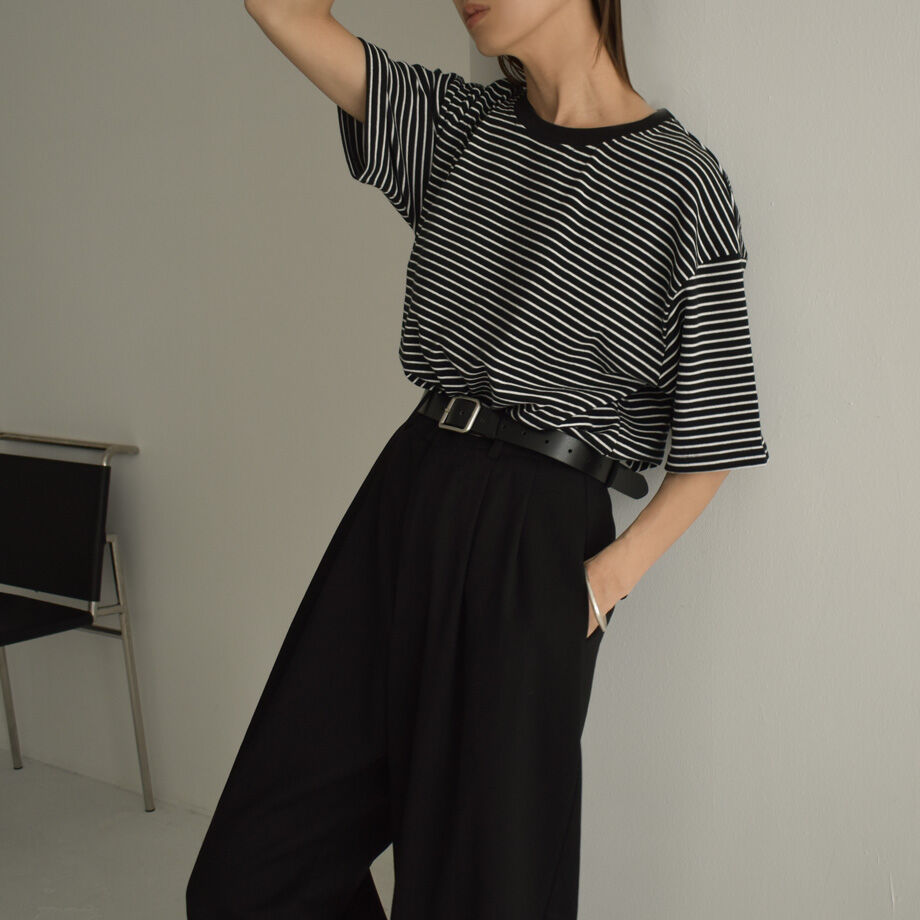 tops-02405 オーバーサイズボーダーTシャツ ホワイト ブラック