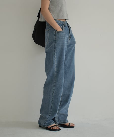 bottoms-02232　ウエストデザイン ストレートデニム ウォッシュブルー