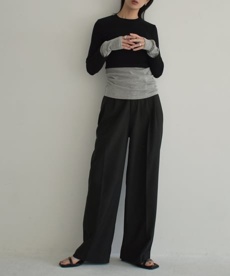 tops-02457　バイカラー フェイク レイヤード トップス　カーキ　ブラック