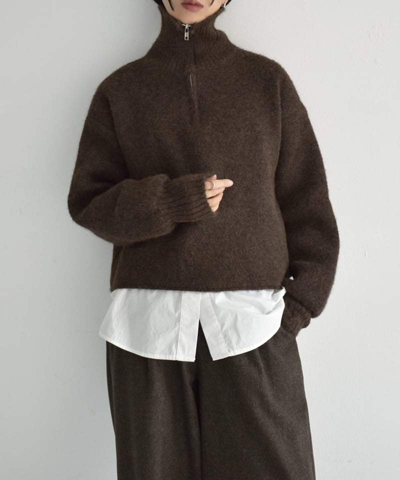knit-02312 ハーフジップ ニット プルオーバー グレー ブラウン