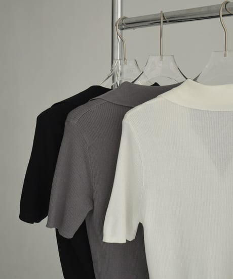 knit-02330　ハーフスリーブ スキッパーリブニット　オフホワイト　グレー　ブラック