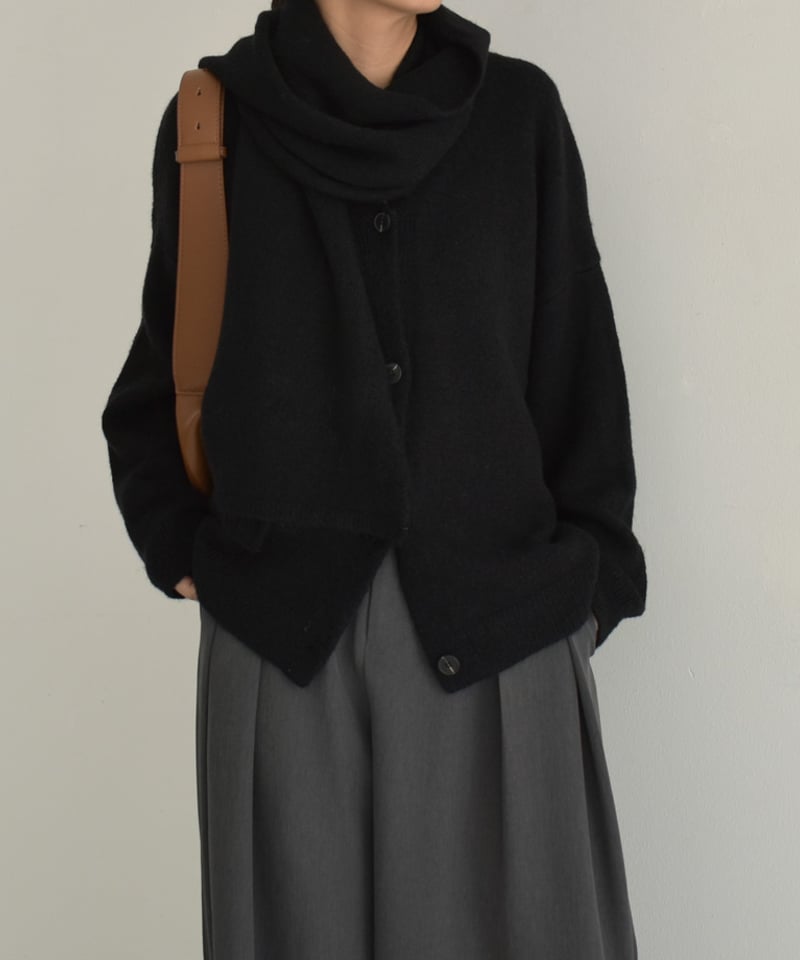 knit-02293 マフラー付き ニットカーディガン ブラウン グレー