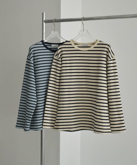 tops-02468　ルーズ ボーダー プルオーバー　エクリュ　ブルー