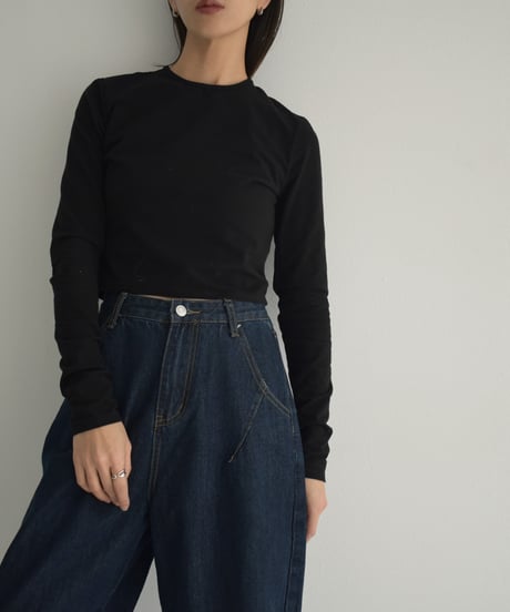 nh-tops-02446　クルーネック コンパクト ロングTシャツ　チャコール　ブラック