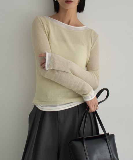 knit-02323　シアー レイヤード ニット　ペールイエロー　ブラック