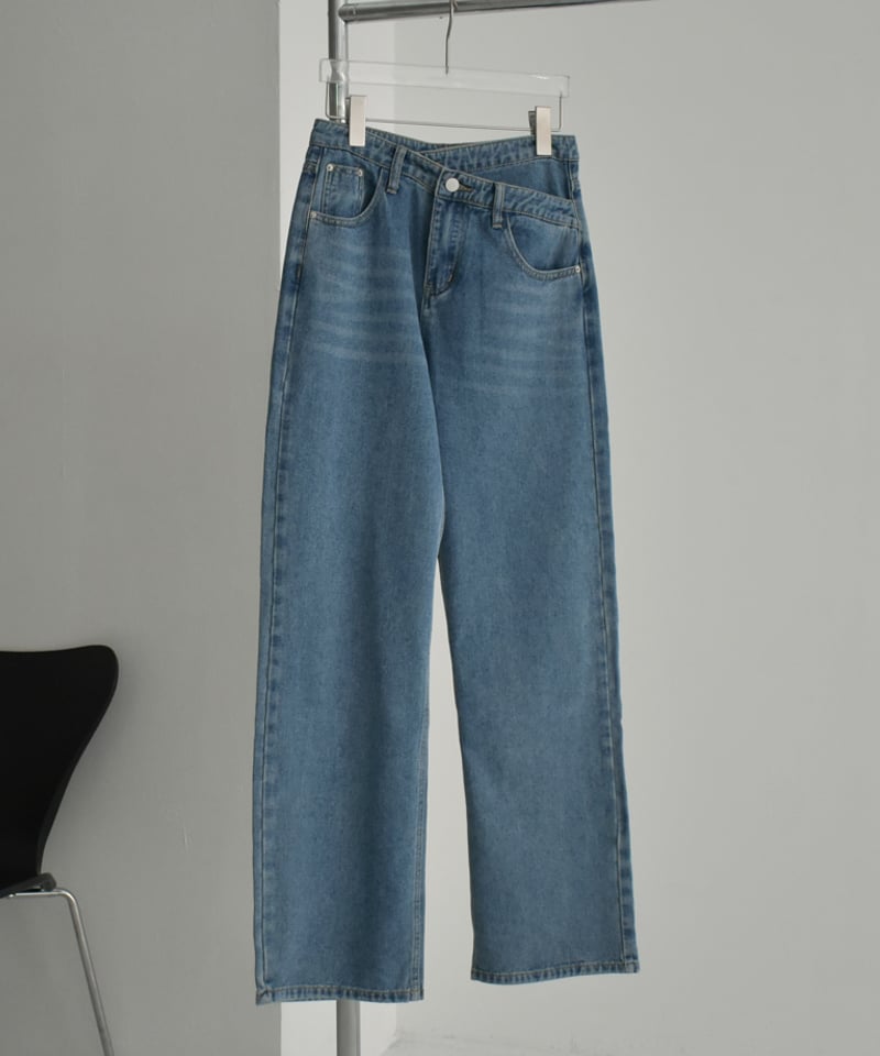 bottoms-02232 ウエストデザイン ストレートデニム ウォッシュブルー