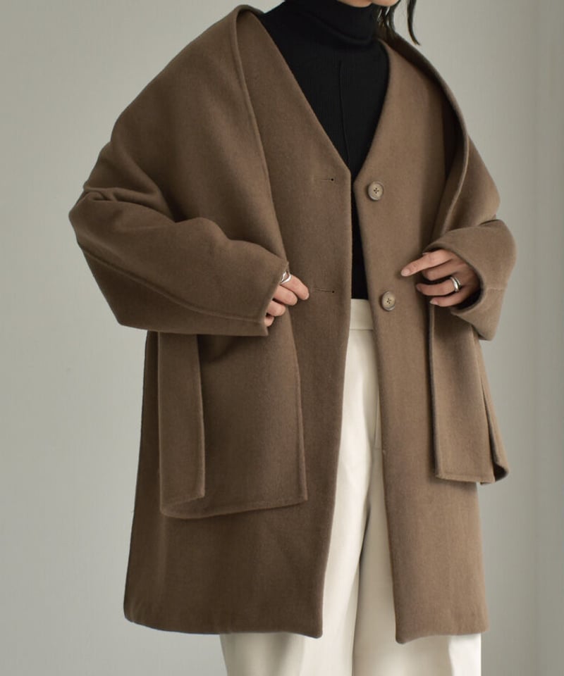 coat-13009 ストール付き ウール ミディコート モカ ブラック coat-13009 ストール付き ウール ミディコート モカ ブラック