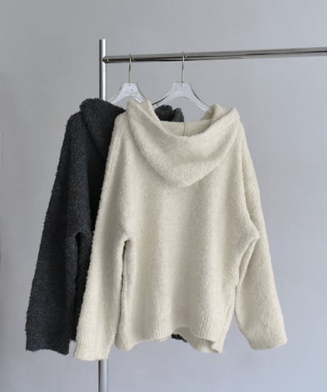 knit-02350　ブークレ フードニットプルオーバー　エクリュ　グレー