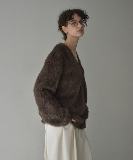 knit-02338　シャギー ニット カーディガン　ブラウン