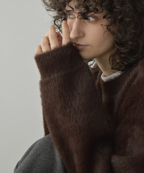 knit-02365　シャギーニット プルオーバー　オフホワイト　ベージュ　ブラウン