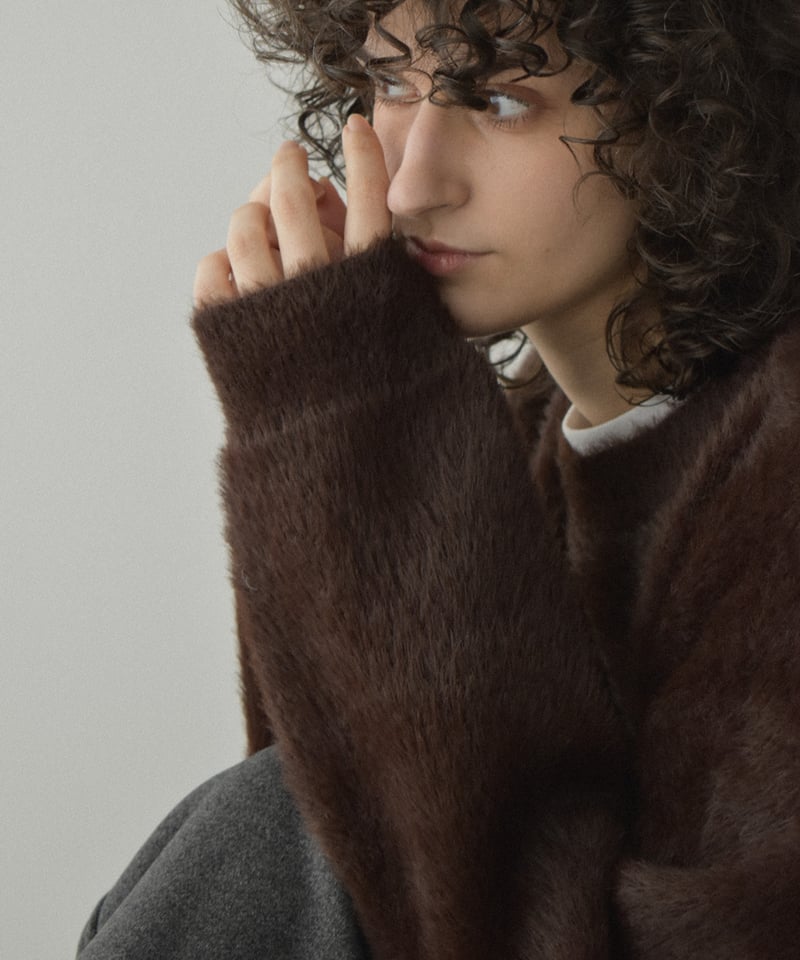 knit-02365 シャギーニット プルオーバー オフホワイト ベージュ