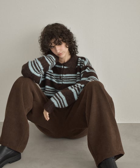 knit-02368　ポロカラー ボーダー ニット　グレー　ブラウン