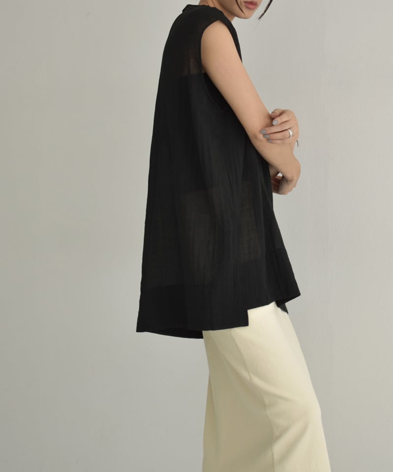 tops-02498 ノースリーブ シアー ブラウス アイボリー ブラック