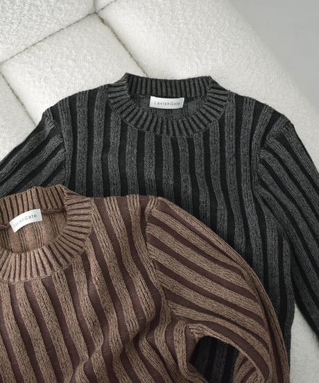 knit-02313　バイカラー コットン リブ ニット　ブラウン　ブラック