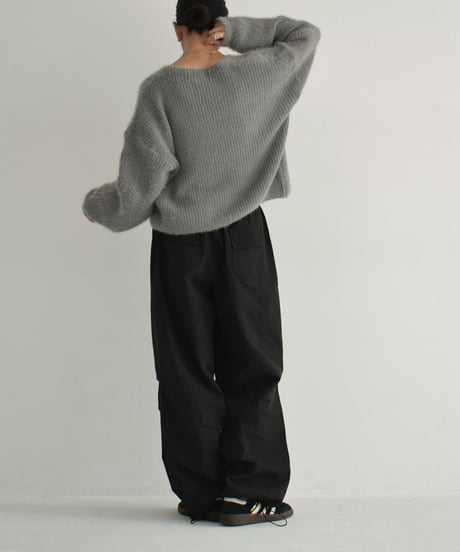 knit-02289　シャギー ニット カーディガン　グレー　ブラック