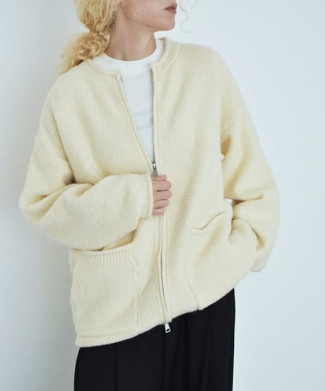 knit-02400　フロントポケット ジップ ニット カーディガン　アイボリー　グレー　ネイビー