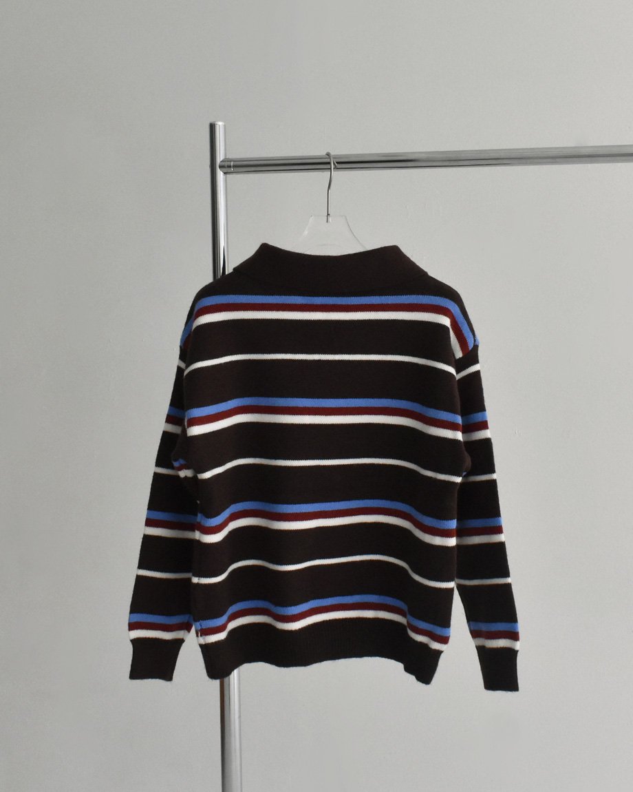 knit-02344 マルチボーダー ポロ ニット ブラウン | L a v i s h G