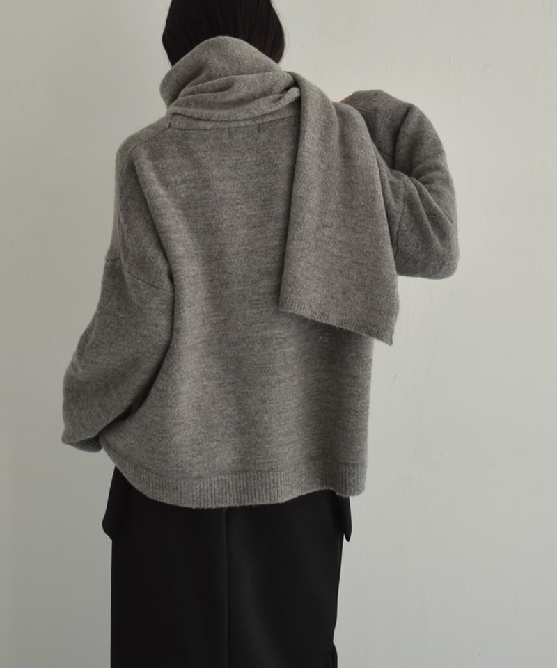 knit-02293 マフラー付き ニットカーディガン ブラウン グレー