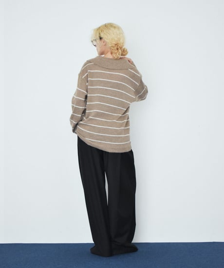 knit-02389　ポロカラー ボーダー ニット　ベージュ　ブラウン