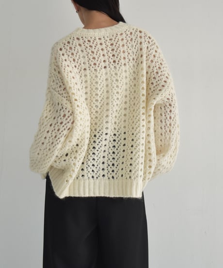 knit-02284　透かし編み モヘア ニット プルオーバー　エクリュ　チャコール