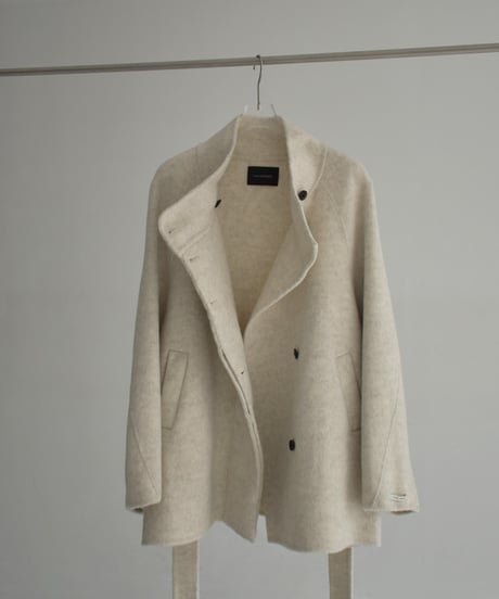 coat-02062　ラグランスリーブ スタンドカラー ウール ミディ コート リバー仕立て　エクリュ　ブラウン