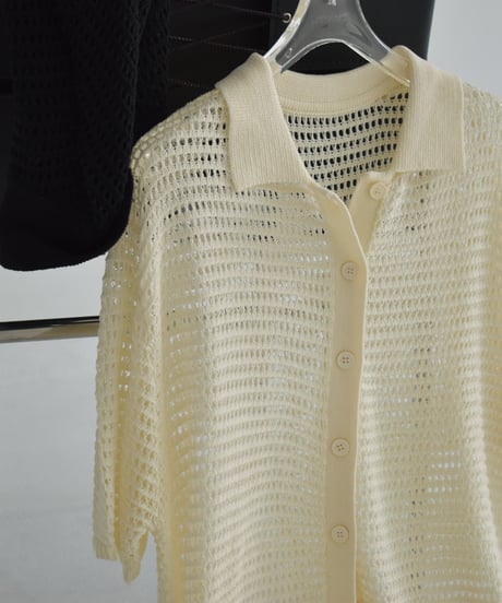 knit-02332　オーバーサイズ メッシュ ポロニット　アイボリー　ブラック