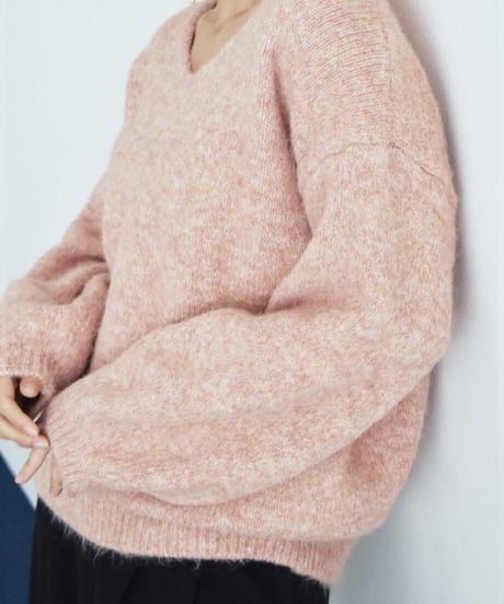 knit-02396　Vネック ボリューム ニット プルオーバー　ピンク　ベージュ　ブラウン　グレー
