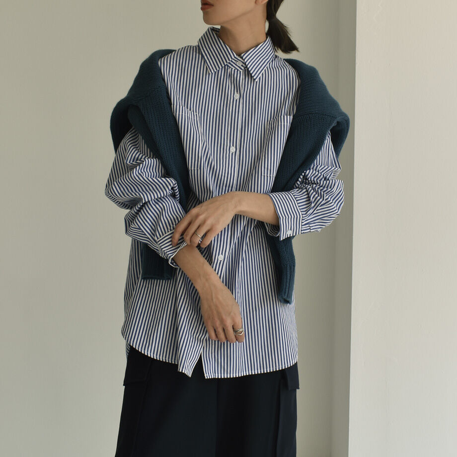 tops-12001 オーバーサイズ カラーストライプシャツ ブルー グリーン  