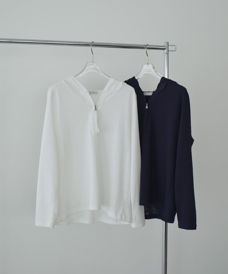 【ホワイト】ストレッチ布帛/トリコット ハーフジップブルゾン <PERFORMANCE> (LADIES) tops-02603 ハーフジップ フード ロンT ホワイト ネイビー | L a v i s