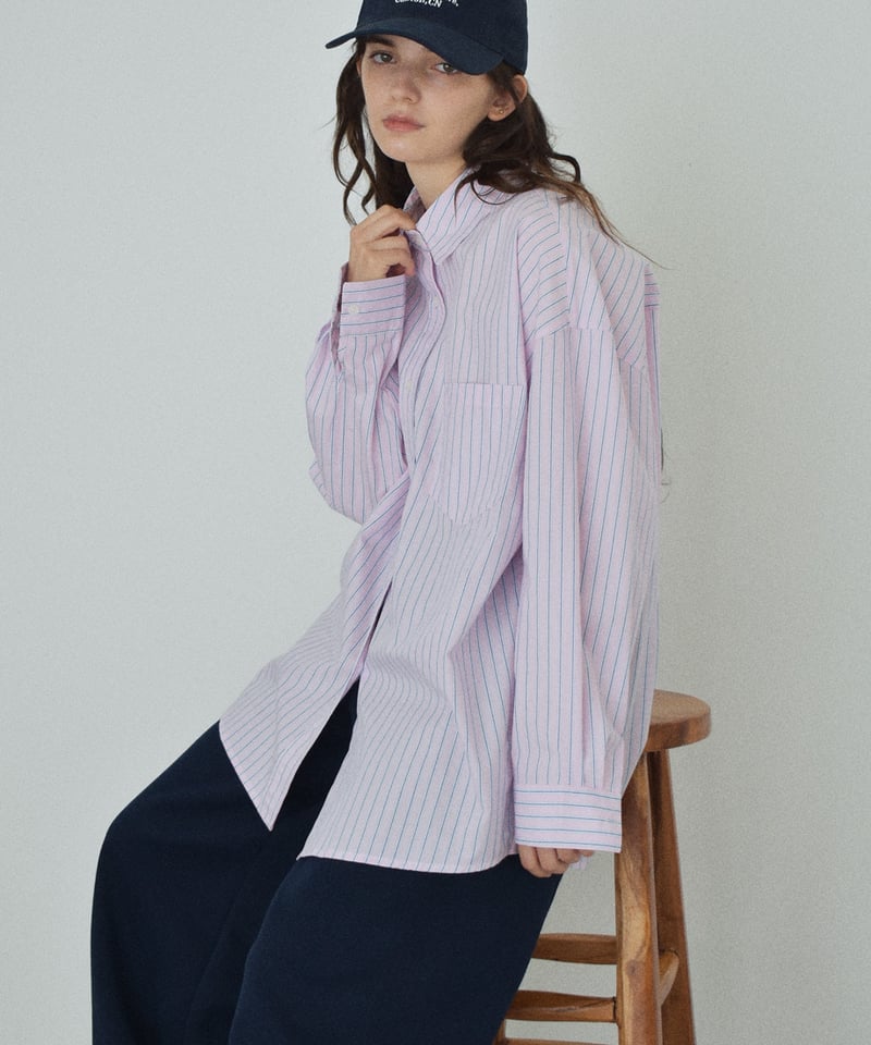 UNISEX】 tops-02592 オーバーサイズ ストライプシャツ ピンク | L a