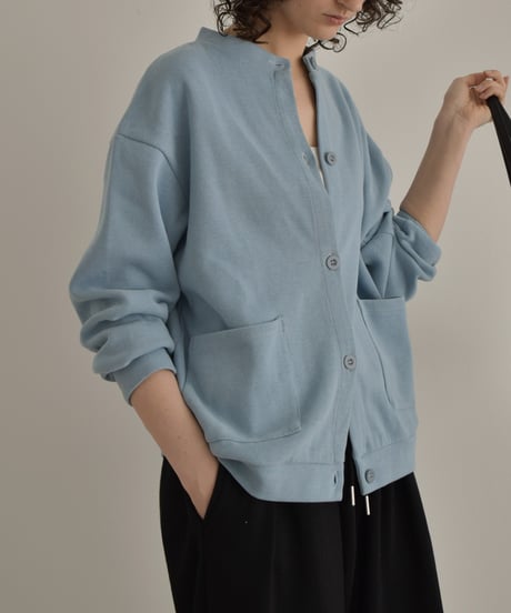 tops-02585　フロントポケット クルーネック カーディガン　ブルー　ブラック