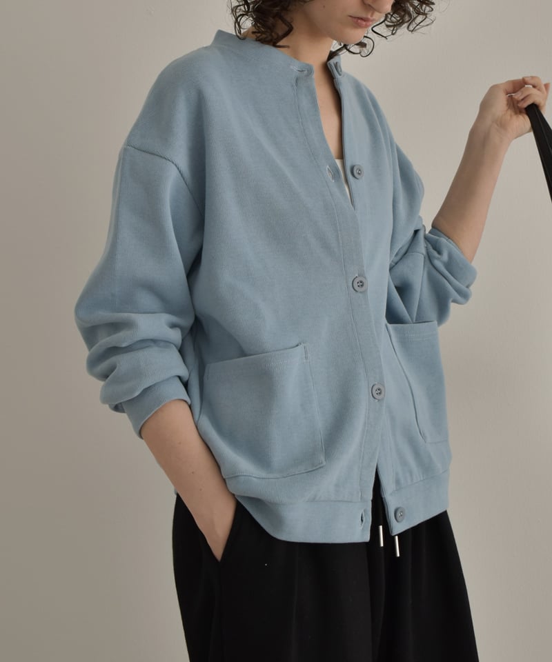 tops-02585 フロントポケット クルーネック カーディガン ブルー