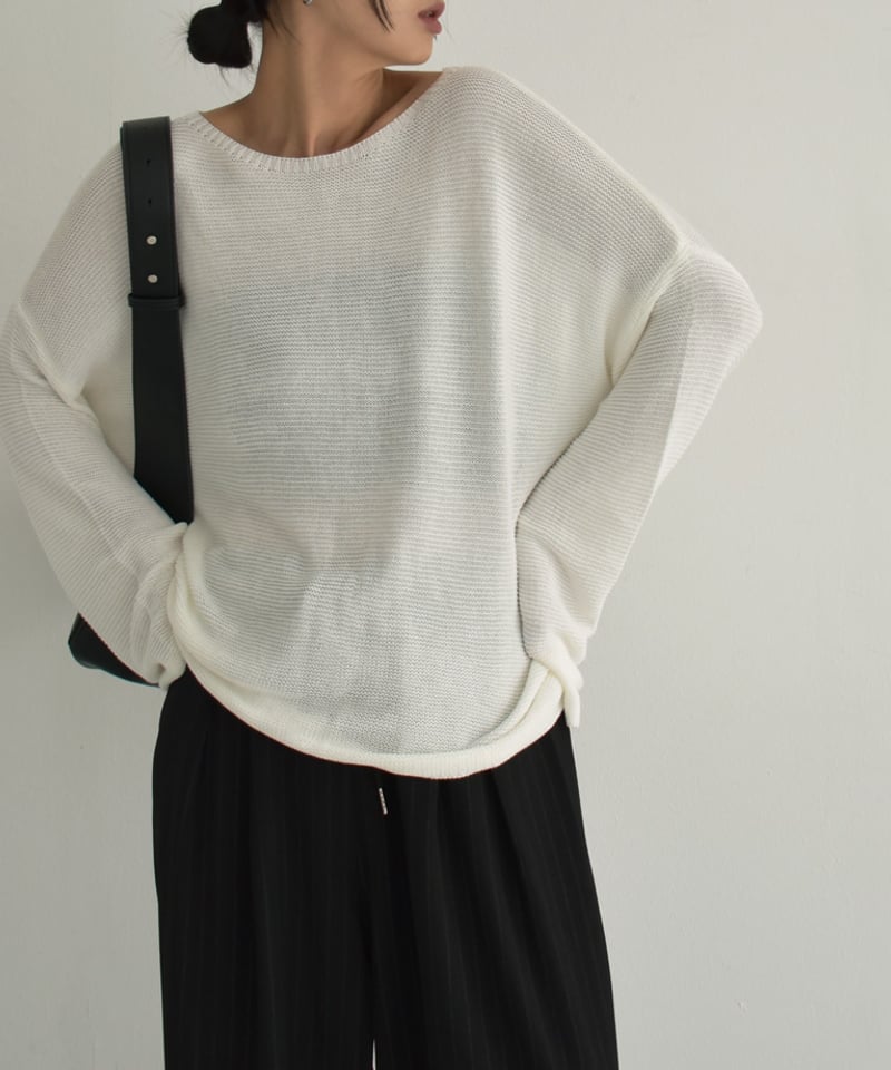 knit-02278 ボートネック メッシュ ニット ホワイト ブラック