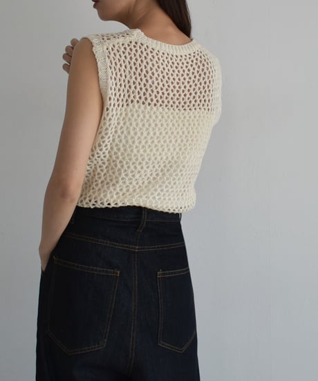 knit-02272　スパンコール メッシュ ニット トップス　エクリュ　ブラック