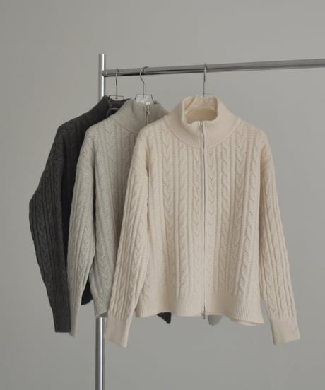 knit-02367　ダブルジップ ケーブル ニット　エクリュ　グレージュ　ダークグレー