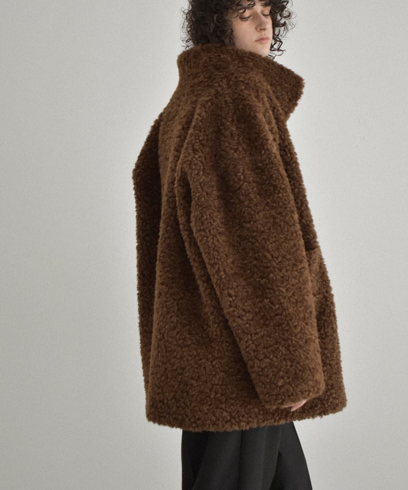 coat-02065 プードルボア ハイネック ミディコート エクリュ ブラウン