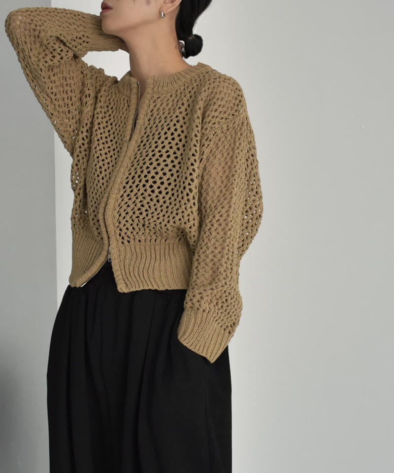 knit-02264 メッシュ ニット カーディガン モカ ブラック | L