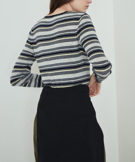 nh-knit-02394　マルチボーダー ヘンリーニットトップス　ライトグレー　チャコール