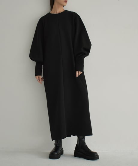 onepiece-12012　タックスリーブ ダンボールニット ワンピース　チャコール　ブラック