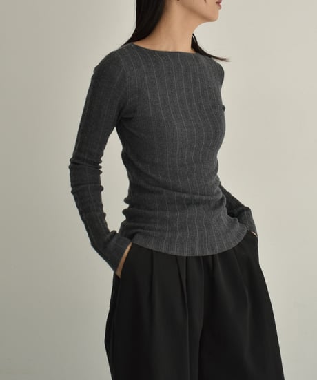 knit-02301　ボートネック ランダム リブ ニット　オフホワイト　チャコール