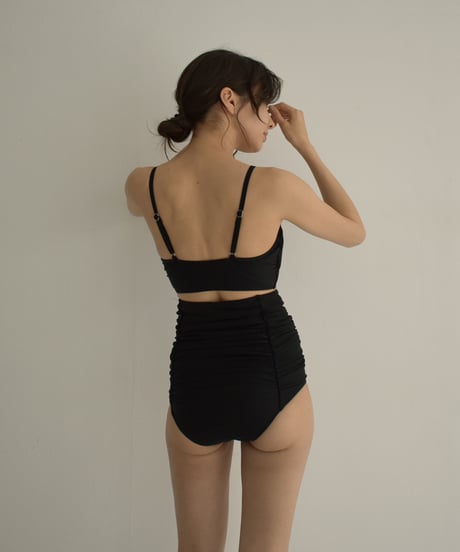 nh-swim-02464　ギャザー デザイン ハイウエスト ビキニ スイムボトムス　モカベージュ　ブラック