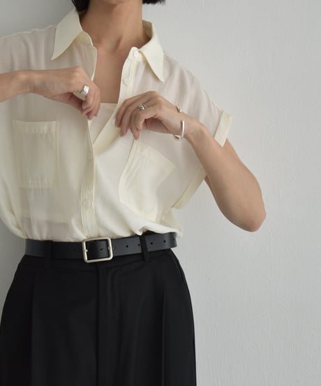 tops-02544　フレンチスリーブ シアーシャツ　エクリュ　ベージュ　グリーンティー