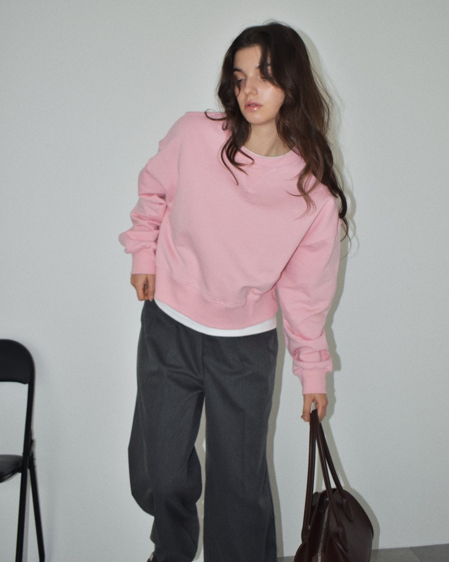tops-02597 クロップド ワイド スウェット プルオーバー ピンク | L