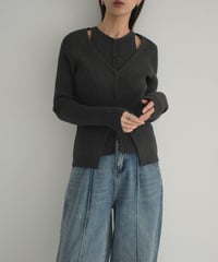 knit-02265　レイヤードデザイン リブニット　アイボリー　グレー　ブラック