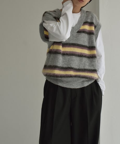 knit-02247　モヘア混 マルチボーダー Vネック ニットベスト