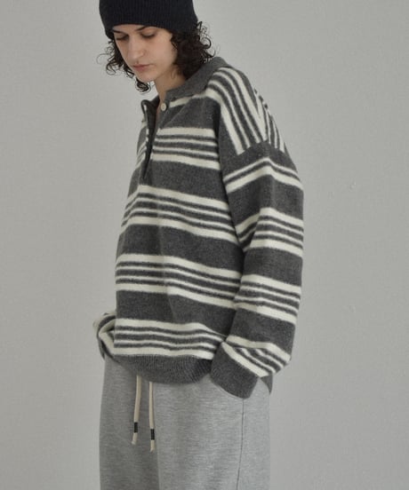 knit-02368　ポロカラー ボーダー ニット　グレー　ブラウン